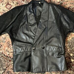 American Vintage Black Leather Jacket 80’s 90’s hand painted snake back detail